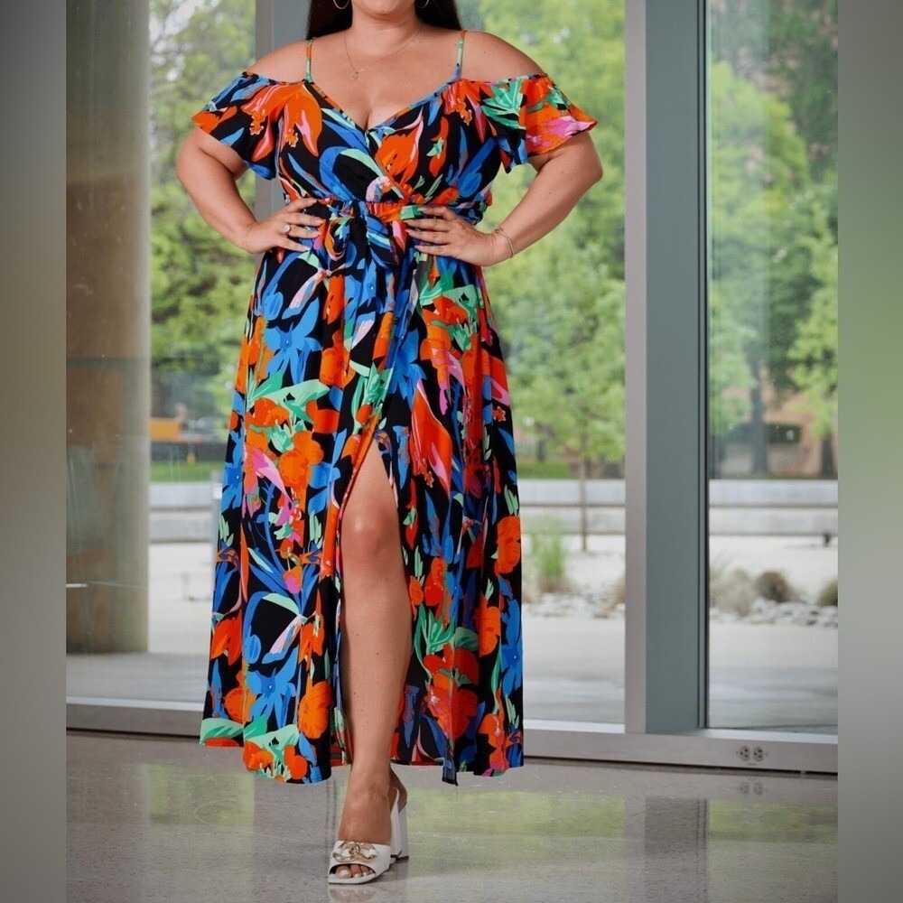 Tropical Floral Cold Shoulder Maxi Dress Belted Slit LARGE summer spring - Picture 2 of 9